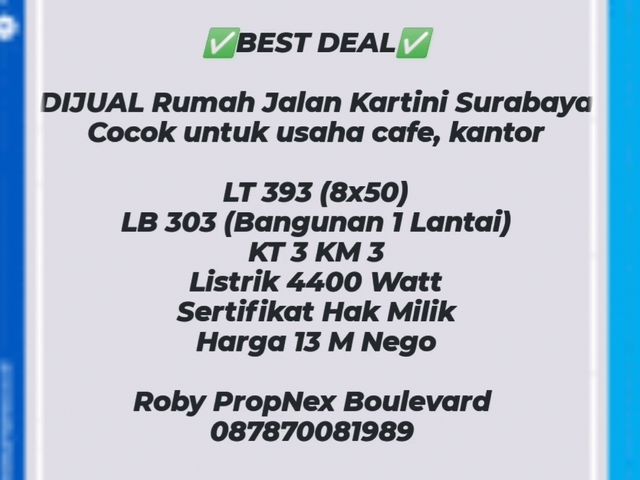 DIJUAL Rumah Raya Kartini Surabaya dkt Diponegoro Raya Darmo