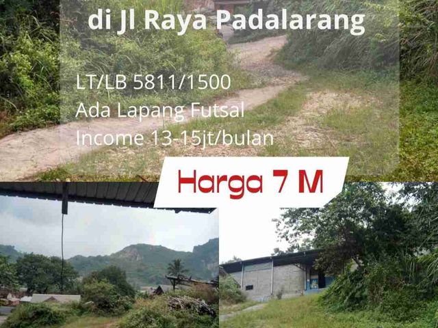 Dijual Mainroad Tanah dan Gudang Padalarang LT 5811m² LB 1500m² Income 15 juta/ bulan ada lapang futsal harga 7M nego