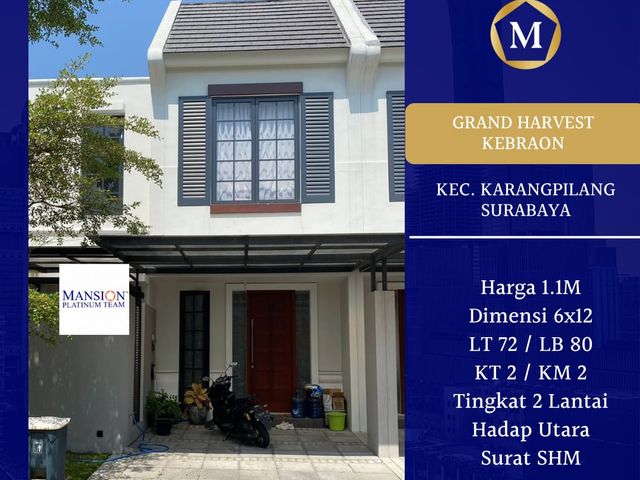 Dijual Rumah Grand Harvest Kebraon Surabaya 1.1M SHM Hadap Utara