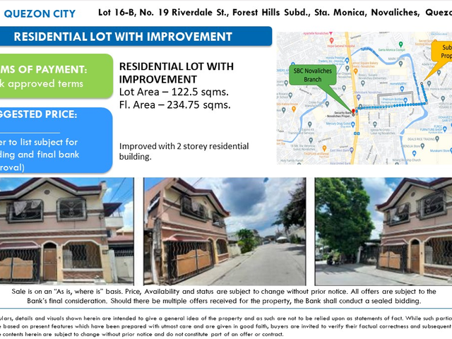 FORECLOSED HOUSE AND LOT FOR SALE   Lot 16-B, No. 19 Riverdale St., Forest Hills Subd., Sta. Monica, Novaliches, Quezon City (Residential Lot w/ Impro