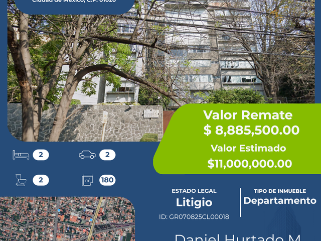 Departamento en venta en Guadalupe Inn, Álvaro Obregón, CDMX, 180 m² en nivel 7 (Remate bancario)