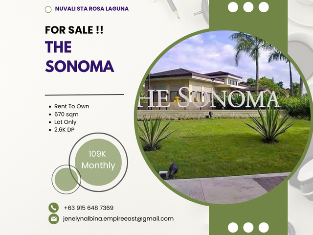 670sqm Lot in The Sonoma 109K Monthly Rent To Own Near Nuvali, Paseo & Tagaytay