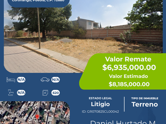 Terreno en venta en zona industrial, Coronango, Puebla, 620 m² (Remate bancario)