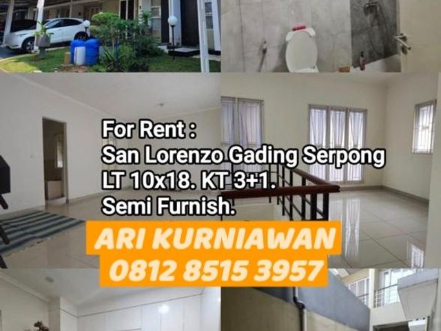 Disewakan cluster san lorenzo 10x18 furnish 3kamar + 1 Inc kanopi 5 ac + water heater  Kitchen sett Ari kurniawan gaspro 08128515----