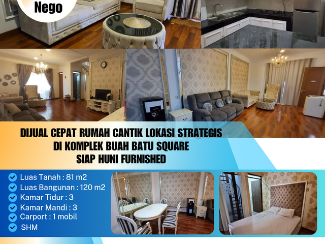 Dijual Cepat Rumah Cantik Lokasi Strategis
Di Komplek Buah Batu Square
Siap Huni Furnished.