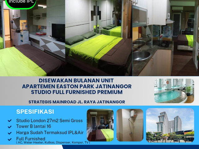 Disewakan Bulanan Unit 
Apartemen Easton Park Jatinangor
Studio Full Furnished

Strategis mainroad jl. Raya Jatinangor