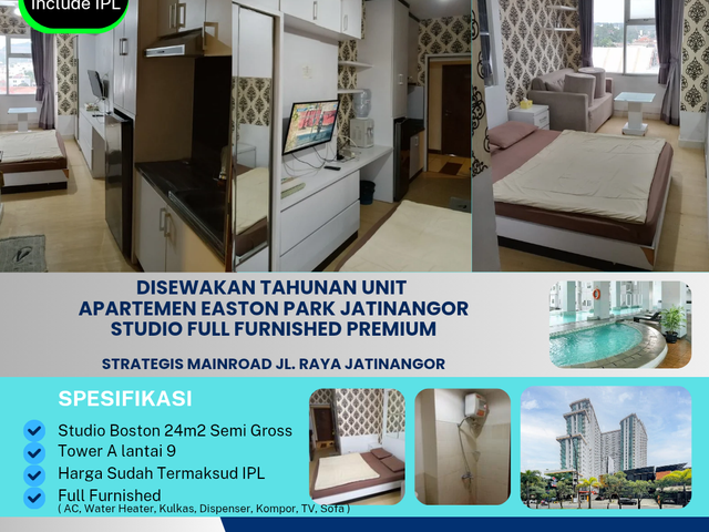 Disewakan Tahunan Unit 
Apartemen Easton Park Jatinangor
Studio Full Furnished.

Strategis Mainroad Jl. Raya Jatinangor