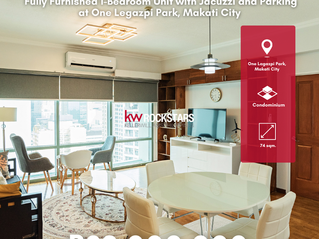 FOR SALE!  Fully Furnished 1-Bedroom Unit with Jacuzzi and Parking at One Legazpi Park, Makati City