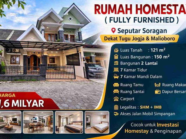 Homestay 2 Lantai Furnished Dekat Tugu Jogja & Malioboro – 7 Kamar Tidur, Cocok Investasi