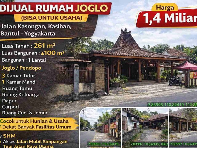 Rumah Joglo Pinggir Jalan Raya Kasongan – LT 261 m², Cocok Hunian & Usaha
