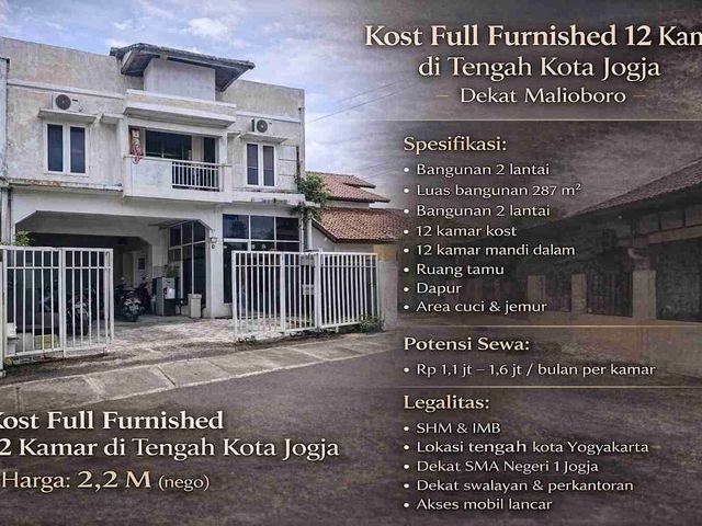 Kost Full Furnished 12 Kamar di Tengah Kota Jogja – Dekat Malioboro