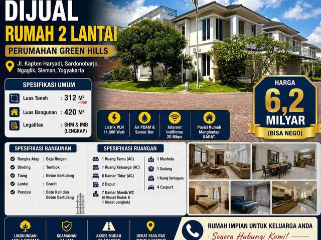 DIJUAL RUMAH MEWAH 2 LANTAI – HOOK – PERUMAHAN GREEN HILLS, SLEMAN