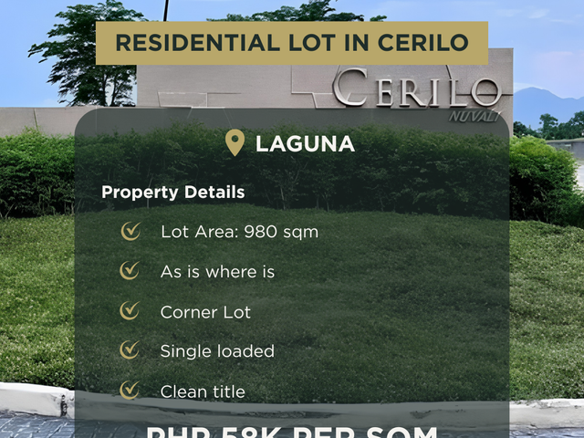 Rare 980 sqm Corner Lot Opportunity in Cerilo Nuvali Laguna for Sale