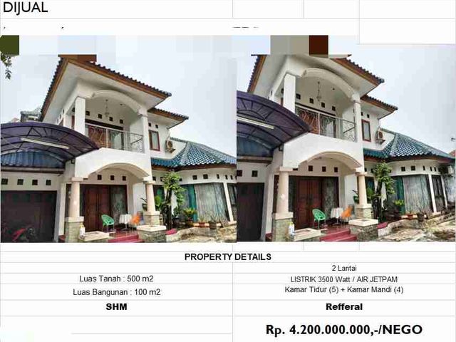 Dijual rumah di jatibening pondok gede bekasi barat luas bangunan 100 m2 luas tanah 500 m2 SHM 2 lantai listrik 3500 watt/Air Jet pam km 5 kt 4 harga 4.200.000 000 harga bisa nego fasilitas di jatibening pondok gede stasiun LRT jatibening Luas tanah 530 m2 Luas bangunan 450 m2  Area komersial:dilengkapi pusat ritel f&b dan ruang komersial di kawasan terpadu seperti LRT city Jatibening pasar &mall dekat dengan pasar bersih kemang cempaka dan mudah menjangkau mall Cipinang indah serta pusat kuliner populer di jalan caman dan jatiwaringin kesehatan didukung oleh berbagai klinik terdekat RS mas mitra Jatimakmur dan klinik umum Balqis pendidikan sekolah negeri dan swasta mulai dari tingkat SD hingga SMA) seperti SDN jatibening baru 1 sman 5 bekasi hingga kampus Universitas Krisnadwipayana