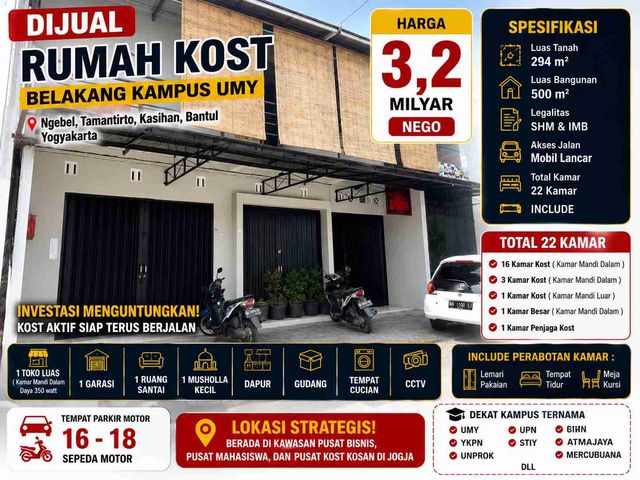 Kost Aktif Dekat Kampus UMY | 22 Kamar Full Furnished | SHM