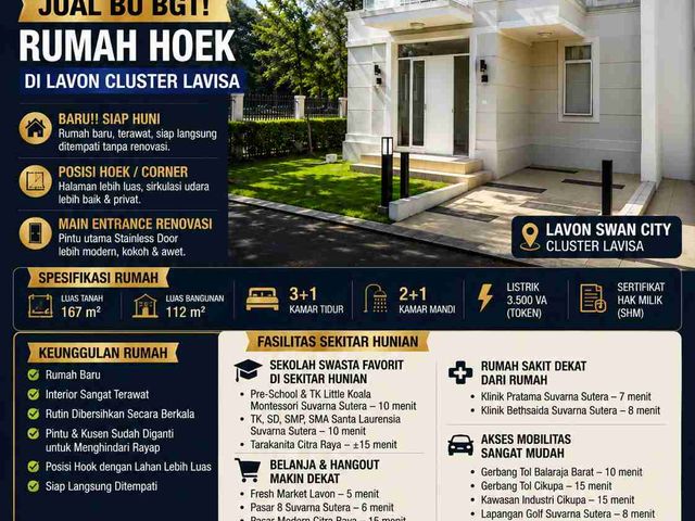 Dijual Rumah Hoek Lavon Swan City Cluster Lavisa SHM Siap Huni Harga Rp2,18 M Nego