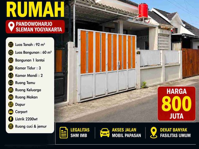 Dijual Rumah Minimalis Pandowoharjo Sleman SHM 3 Kamar Harga Rp800 Juta