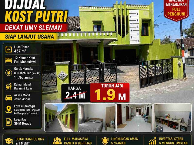 Dijual Kost Putri Dekat UMY Sleman 12 Kamar Full Penghuni SHM Harga Rp1,9 Miliar