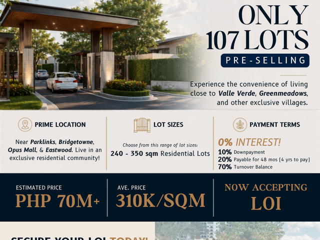Pre selling Lot for sale along C5 road Quezon City PRIME lot for sale near Parklinks Bridgetowne Opus Mall Eastwood