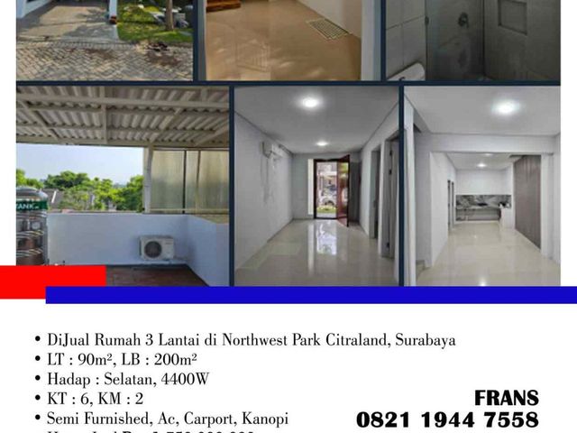 DiJual Rumah 3 Lantai di Northwest Park Citraland, Surabaya