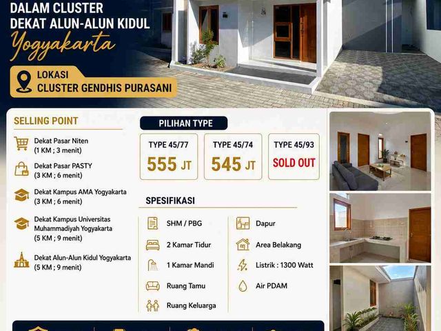 Dijual Rumah Baru Dalam Cluster Dekat Alun-Alun Kidul Yogyakarta – SHM Mulai Rp545 Juta