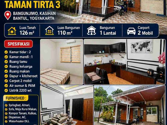 Dijual Rumah Full Furnish Pondok Permai Taman Tirta 3 Bangunjiwo Kasihan Bantul | 2 KT | Carport 2 Mobil | Siap Huni | Rp1,2 M Nego