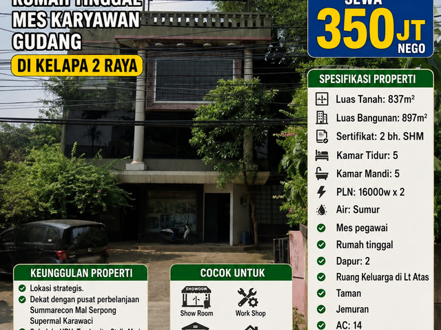 WTS Show Room. Work Shop. Rumah Tinggal. Mes Karyawan. Gudang di Kelapa 2 Raya.  3.25 Lt  Harga 15 m nego