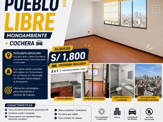 ALQUILER PUEBLO LIBRE MONOAMBIENTE+COCHERA