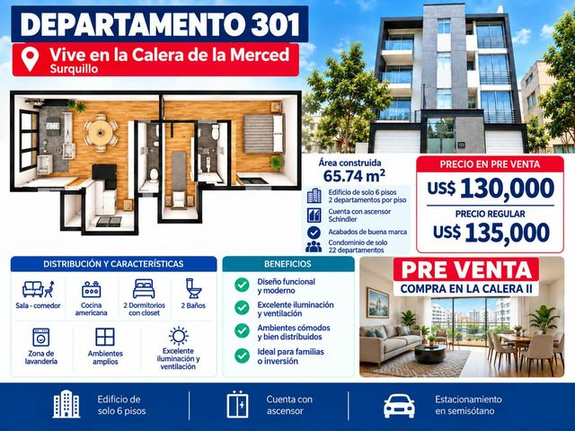 Lindo Proyecto en La Calera de la Merced II - Departamento 301 Área 65.74 M2