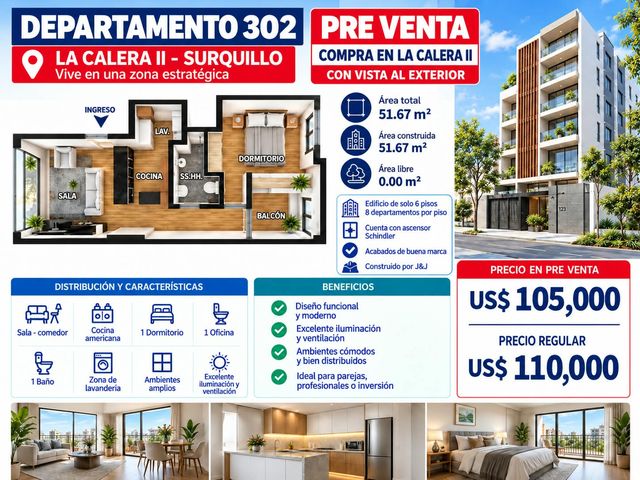 La Calera de la Merced Surquillo - Proyecto en Pre Venta Dpto. 302 - 51.67 m2