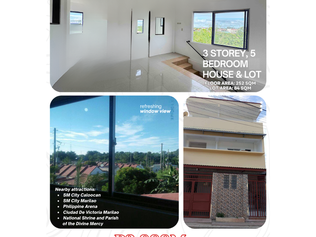 Ready for Occupancy 3.6M 3 Storey House and Lot with 5 Bedrooms in Marilao Bulacan with 84sqm Lot Area-JV2