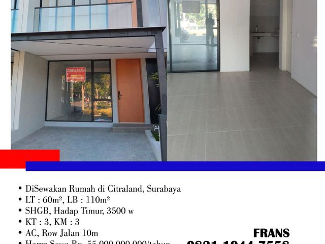 DiSewakan Rumah di Citraland, di Surabaya
