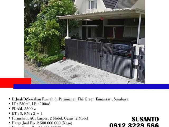 DiJual/DiSewakan Rumah di Perumahan The Green Tamansari, di Kota Surabaya