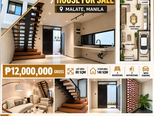 Malate, Manila,2-storey house, 80 sqm lot, 140 sqm floor area, 3BR,80 sqm lot, 140 sqm floor area, 3BR, 3 baths, 1 parking. ₱12M gross