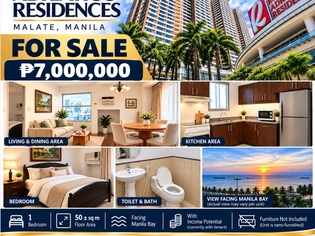 For Sale: 1BR condo, 50± sqm, Robinsons Adriatico Residences, Malate, Manila. Facing Manila Bay, with income. ₱7M. Furniture not included.