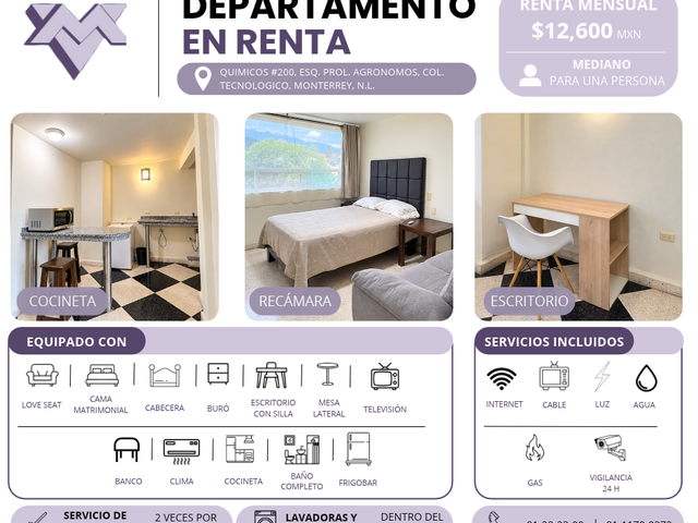 Departamento en renta en zona Tec