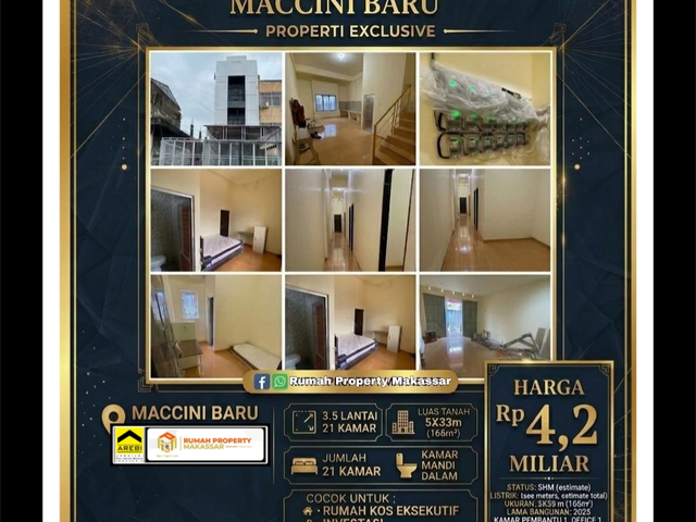 Rumah Kos Eksekutif
Jl Maccini Baru
5X33, 3.5 Lantai
21 Kamar- Kamar Mandi Dalam Semua
+ 1 Kamar Pembantu
+ 1 office
Lobby dan rofftop
Dapur Umum Luas
Kamar Mandi Umum 2
Ac semua kamar
Water Heater
Akses Point Wifi
Full Furnish
Lengkap Ac, Tv, Sprinbed, Meja Kursi Lemari.
Token listrik masing2 kamar
Rp. 4,2 Mlyr