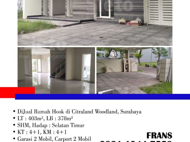 DiJual Rumah Hook di Citraland Woodland, di Kota Surabaya