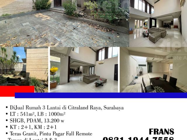 DiJual Rumah 3 Lantai di Citraland Raya, di Kota Surabaya