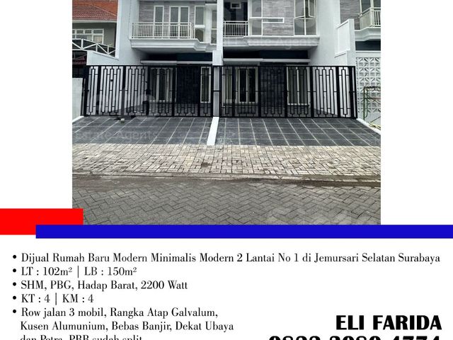 Dijual Rumah Baru Modern Minimalis Modern 2 Lantai No 1 di Jemursari Selatan Surabaya