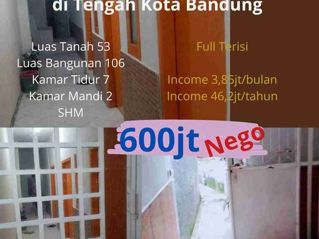Dijual Kostan di Tengah² Kota  Bandung LT 53m² LB 106m² KT 7 2 KM  SHM  Income 46juta/ tahun Harga 600 juta nego